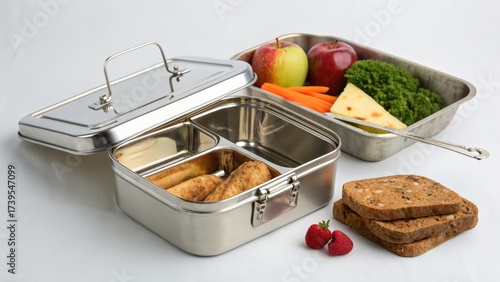 Stylish stainless steel lunchbox with fresh fruits and vegetables