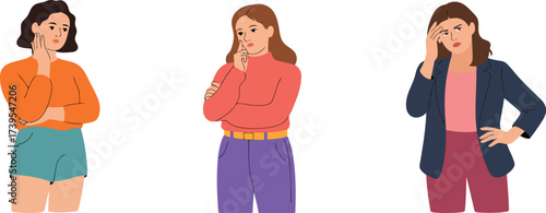 Pensive women pondering important decisions, brainstorming solutions for modern business, feeling stressed and thoughtful, facing challenges head on