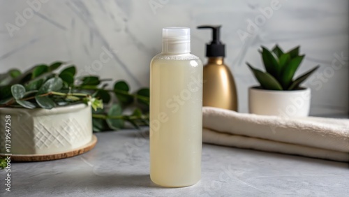 Clear bottle with liquid surrounded by natural elements and stylish containers