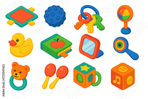 Sensory Baby Toys. Isometric vector illustration set Sensory Baby Toys: crinkle toy, textured ball, teething keys, light-up rattle