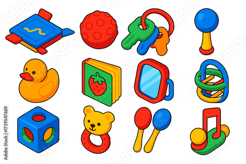 Sensory Baby Toys. Isometric vector illustration set Sensory Baby Toys: crinkle toy, textured ball, teething keys, light-up rattle