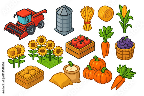 Colorful Harvest Icons. Isometric vector illustration set Harvest Time: combine harvester, grain silo, wheat bundle, hay bale,