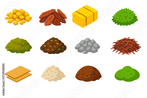 Vibrant Mulching Materials. Isometric vector illustration set Mulching Materials: wood chips, bark mulch, straw bale, grass