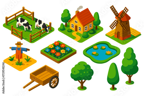 Vibrant Countryside Icons. Isometric vector illustration set Countryside Scene: pasture field, grazing cows, wooden fence, open