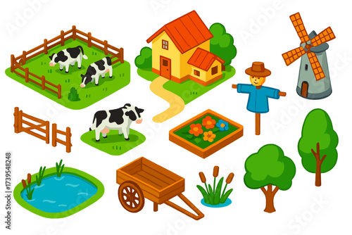 Vibrant Countryside Icons. Isometric vector illustration set Countryside Scene: pasture field, grazing cows, wooden fence, open