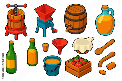 Cider Making Isometric Icons. Isometric vector illustration set Cider Making: apple press, apple grinder, barrel, glass jug, cider