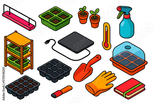Indoor Gardening Essentials. Isometric vector illustration set Indoor Seedlings: grow light, seed tray, sprouting pots, water