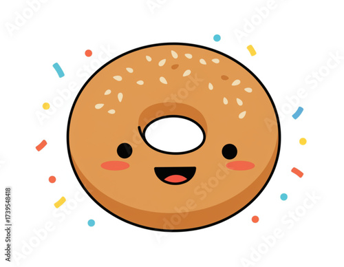 Cute cartoon illustration of a happy bagel with sesame seeds and colorful confetti on a white background. Kawaii food character design.