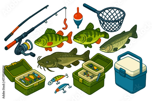 Freshwater Fishing Gear. Isometric vector illustration set Freshwater Fishing: rod, reel, bobber, worm bait, perch fish, trout