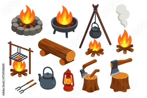 Outdoor Fireplace Icons. Isometric vector illustration set Outdoor Fireplaces: stone fire ring, metal fire pit, campfire grill,