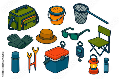 Fishing Gear Icons. Isometric vector illustration set Fishing Accessories: tackle bag, bait bucket, net, rod holder, cooler box,