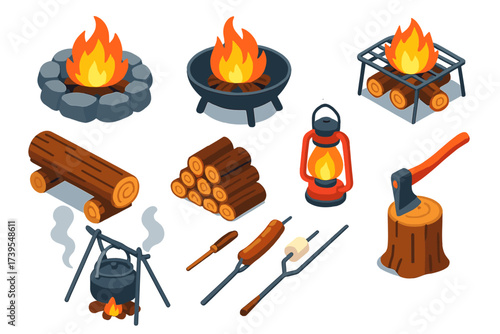 Outdoor Fireplace Icons. Isometric vector illustration set Outdoor Fireplaces: stone fire ring, metal fire pit, campfire grill,