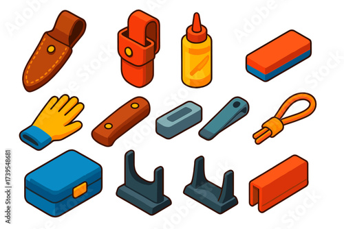 Knife Accessories Icons. Isometric vector illustration set Knife Accessories: leather sheath, belt holster, blade oil, sharpening