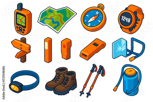 Trail Navigation Icons. Isometric vector illustration set Trail Navigation: handheld GPS, topographic map, compass, altimeter,