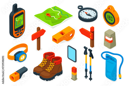 Trail Navigation Icons. Isometric vector illustration set Trail Navigation: handheld GPS, topographic map, compass, altimeter,