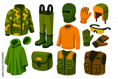 Hunter Clothing Icons. Isometric vector illustration set Hunter Clothing: camouflage jacket, waders, waterproof boots, gloves,