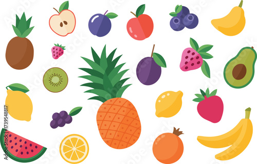 Fresh fruit assortment for healthy eating and vibrant designs, including pineapple, banana, strawberry, watermelon, and more for a delicious diet