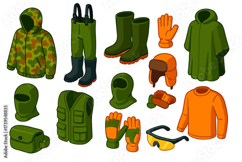 Hunter Clothing Icons. Isometric vector illustration set Hunter Clothing: camouflage jacket, waders, waterproof boots, gloves,
