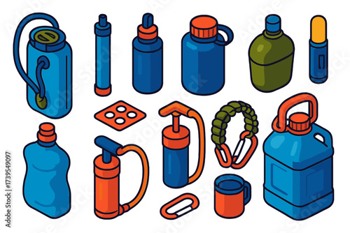 Trekking Hydration Gear. Isometric vector illustration set Trekking Hydration Supplies: hydration bladder, filter straw, wide