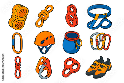 Mountaineering Gear Icons. Isometric vector illustration set Mountaineering Essentials: rope coil, figure-eight knot, rappel