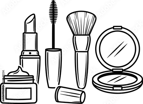 Set of cosmetic makeup product for beauty and skin care with lipstick, brush, mascara, jar of cream and powder compact. Outline vector illustration