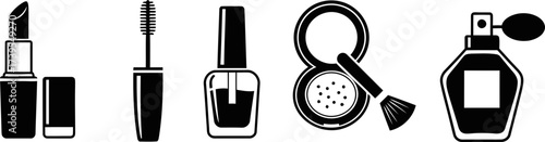 Beauty makeup set icon, lipstick, mascara, nail polish, face powder with brush, perfume bottle. Cosmetics product concept. Vector graphic symbol