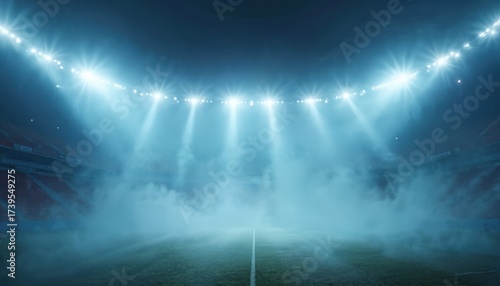 Bright stadium arena at night. Intense spotlights shine. Fog fills the scene. Atmosphere is immersive. Perfect for sports or entertainment related projects.