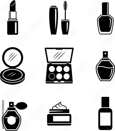 Collection of makeup cosmetic product icons, beauty items for woman, fashion and style concept. Black and white flat vector illustration