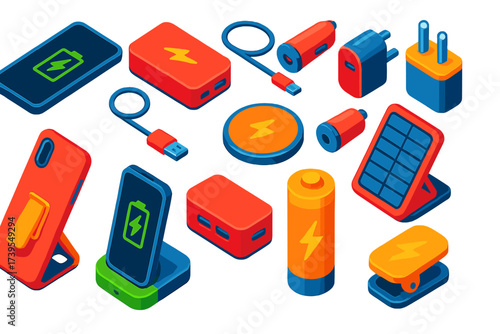 Mobile Charging Essentials. Isometric vector illustration set Mobile Charging Gear: smartphone, power bank, USB cable, wireless