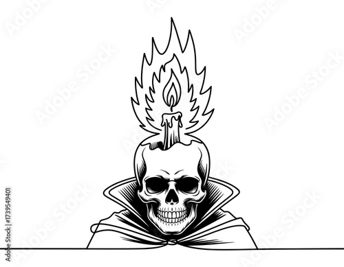 Gothic Skull Illustration with Burning Candle and Ominous Cloak, Macabre Vector Art on White Background