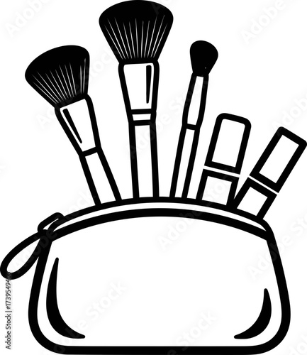 Black and white makeup brush set in cosmetics bag illustration. Outline style graphic symbol for beauty salon, store, banner, poster