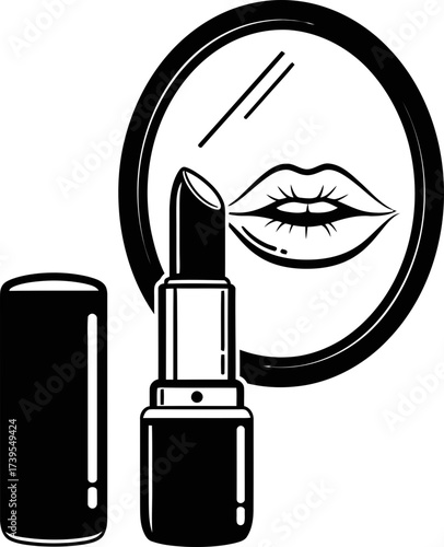 Open lipstick tube with reflection of woman's lips in round mirror. Beauty and makeup concept. Vector illustration for cosmetic product design