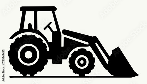 Black and white illustration of the silhouette of an agricultural tractor with a bucket on a white isolated background. Vector graphics. EPS.
