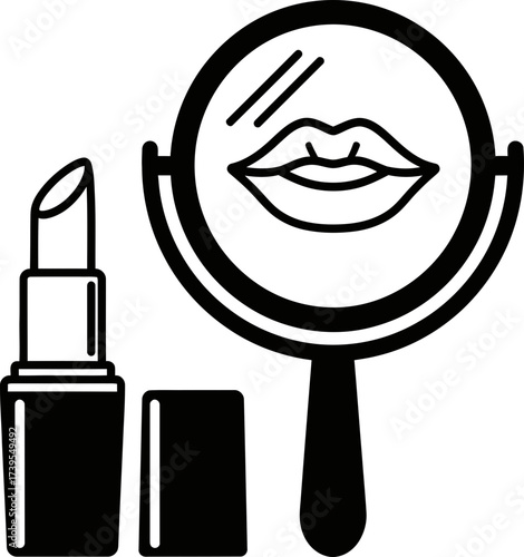 Lipstick tube with cap and a hand mirror reflecting a woman's lips, concept of makeup, beauty, and cosmetic, vector illustration for beauty salon, banner, website