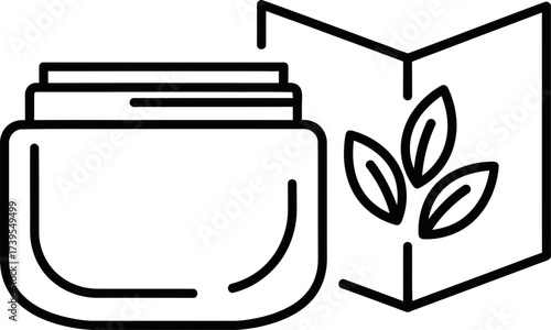 Cosmetic cream jar with plant leaf label. Eco friendly beauty product packaging concept. Outline vector illustration icon for skin care logo design