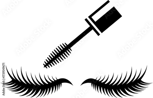 Mascara wand with brush and long eyelashes illustrating beauty and makeup concept. Vector icon for beauty salon, cosmetic shop