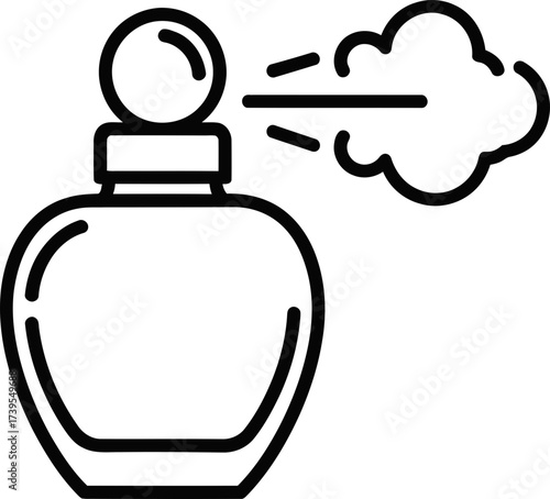 Perfume bottle with spray cloud. Beauty and fragrance product symbol. Black thin line vector icon for web, mobile app