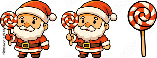 Santa characters enjoying lollipops at a whimsical holiday festival fun cartoon collection in a cheerful winter wonderland