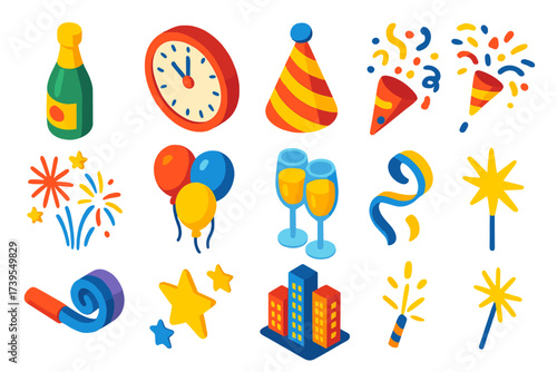 New Year Party Icons. Isometric vector illustration set New Year Party Icons: champagne, countdown clock, party hat, confetti,