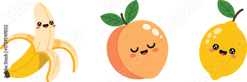 Cheerful fruit characters bring a playful vibe to your design projects with this adorable banana, peach, and lemon trio, perfect for kids and healthy themes