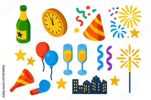 New Year Party Icons. Isometric vector illustration set Party Essentials New Year: champagne, countdown clock, party hat, confetti
