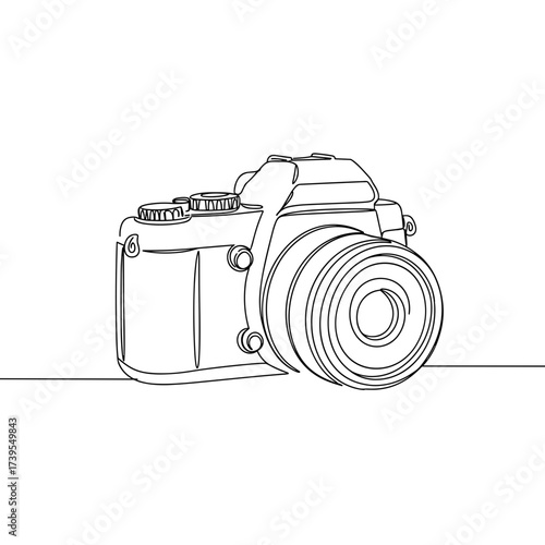 Outline drawing of a camera in minimalist style on white background  
