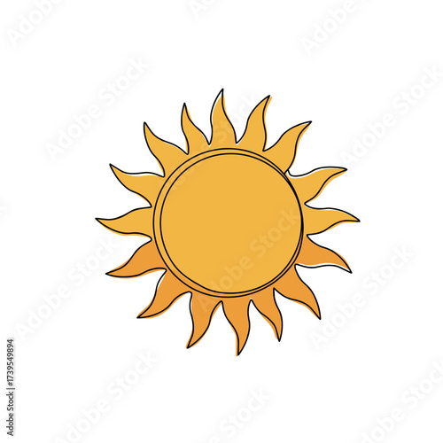 Sun with rays in bright yellow color on white background  