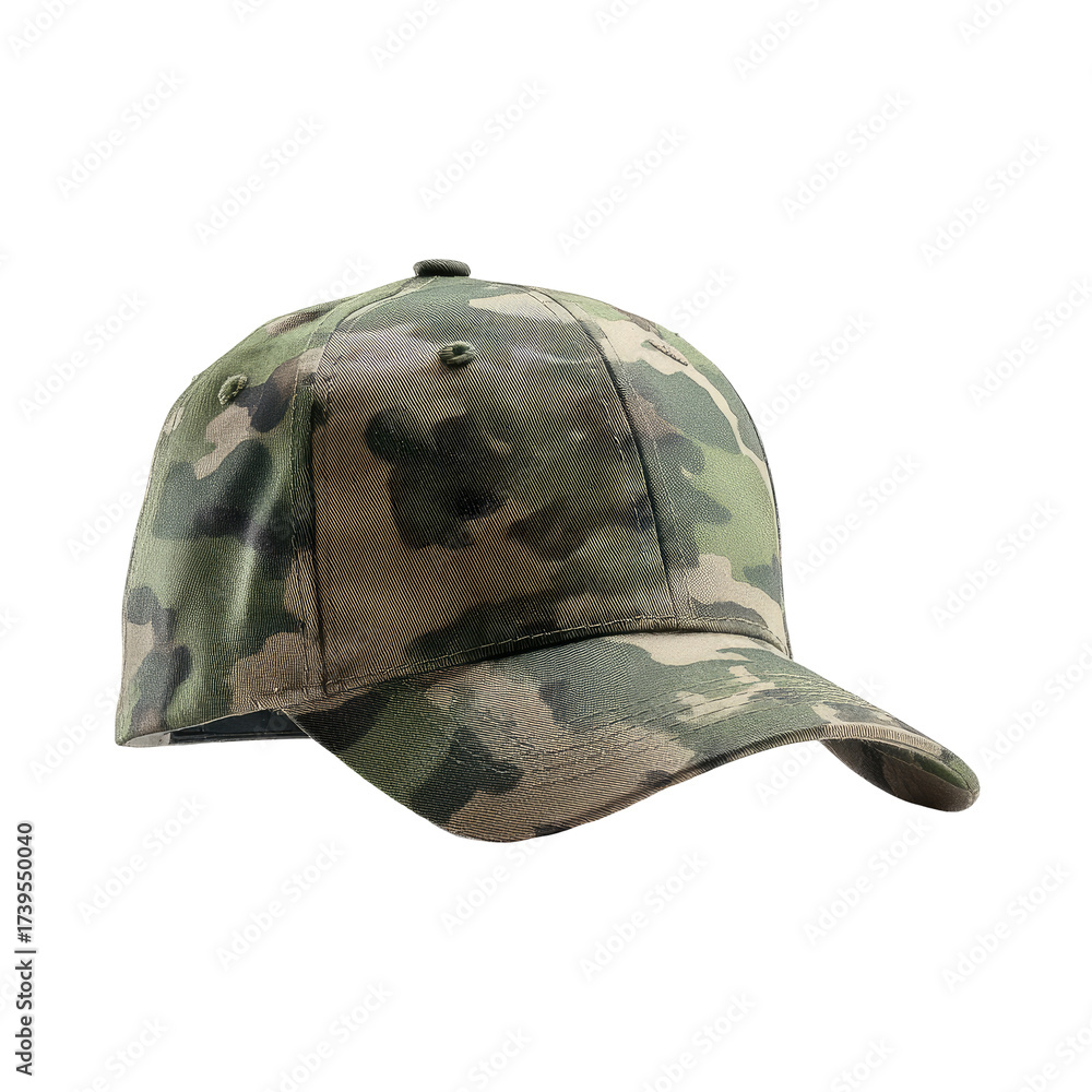 Fototapeta premium A cap with a curved bill, patterned with green, brown, and tan camouflage against a black background