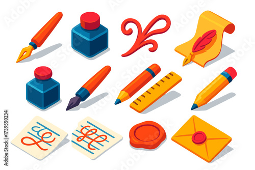 Creative Lettering Tools. Isometric vector illustration set Creative Lettering Icons: calligraphy pen, ink bottle, flourish, nib