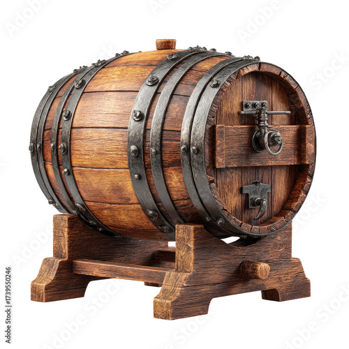 Detailed rendering of an old, wooden barrel with metal bands and a tap, set on a wooden stand