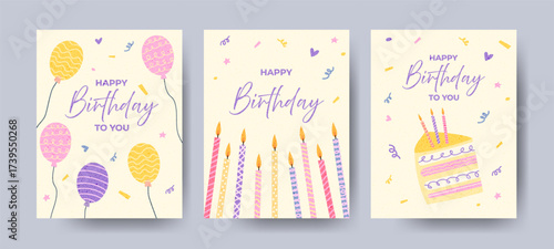 Birthday posters set with cake, candles, balloons and festive typography. Bright designs for invitations, posters, greeting cards, and holiday decorations