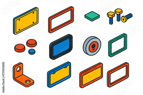 Car Plates Components. Isometric vector illustration set Car identification panel: License plate, Plate frame, Registration decal,