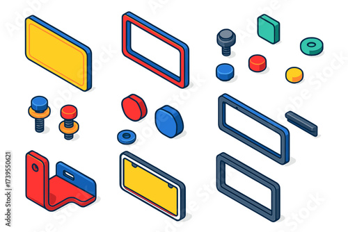 Car Plates Components. Isometric vector illustration set Car identification panel: License plate, Plate frame, Registration decal,