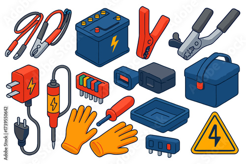 Car Battery Tools Icons. Isometric vector illustration set Vehicle battery tools: Jumpstart cables, Battery, Positive clamp,